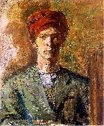 Zygmunt Waliszewski Self-portrait in red headwear oil painting artist